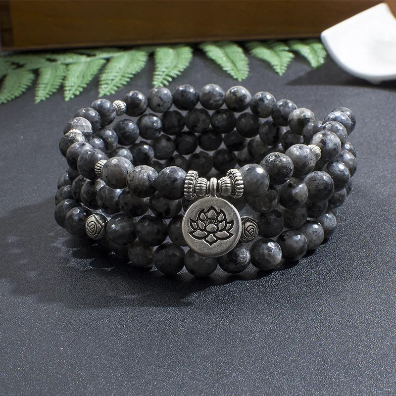 8mm Faceted Black Flash Labradorite 108 Mala Bracelet Yoga Healing Jewelry Men and Women Rosary Lotus Charm Pendant Bangle